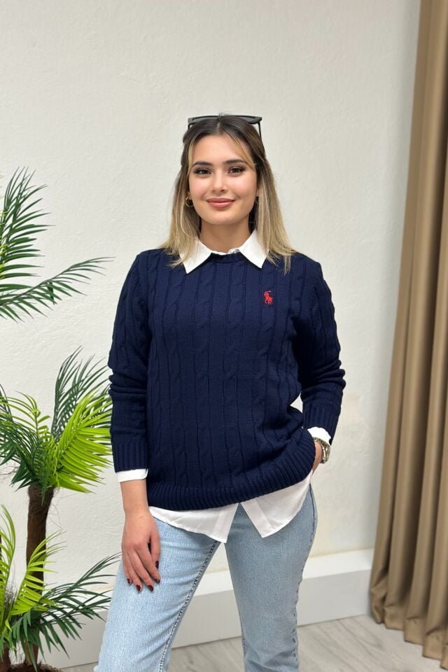 Marka Model Göğsü Nakışlı Triko Kazak Lacivert