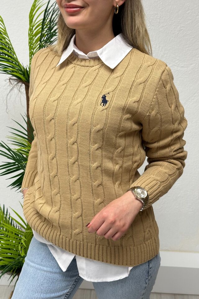 Marka Model Göğsü Nakışlı Triko Kazak Camel