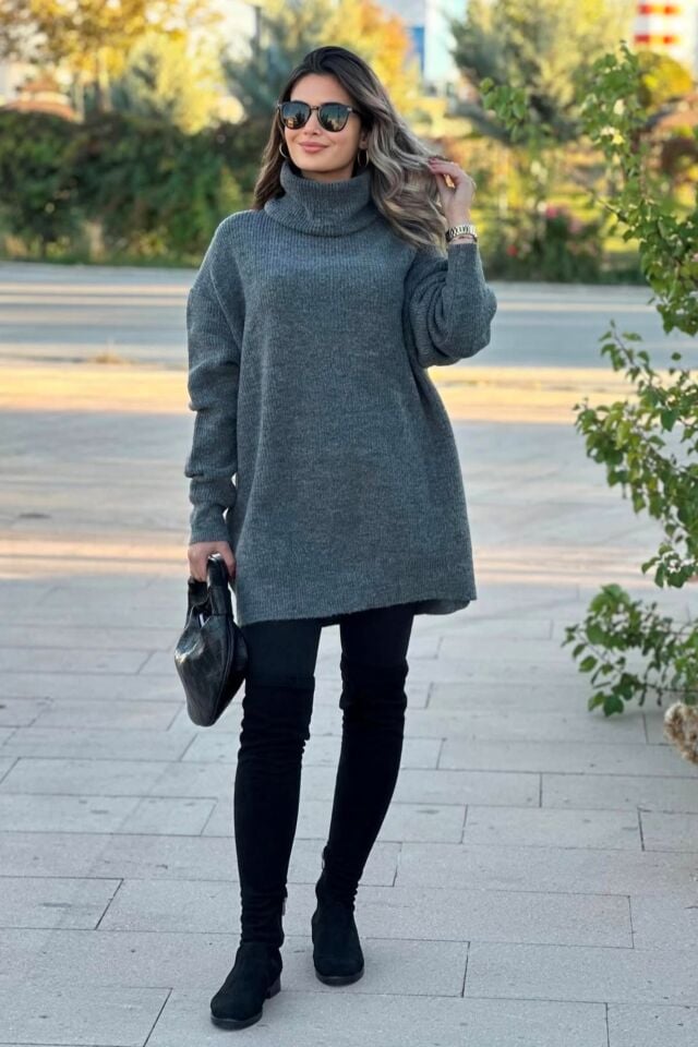 Balıkçı Yaka Oversıze Tunik Kazak Antrasit