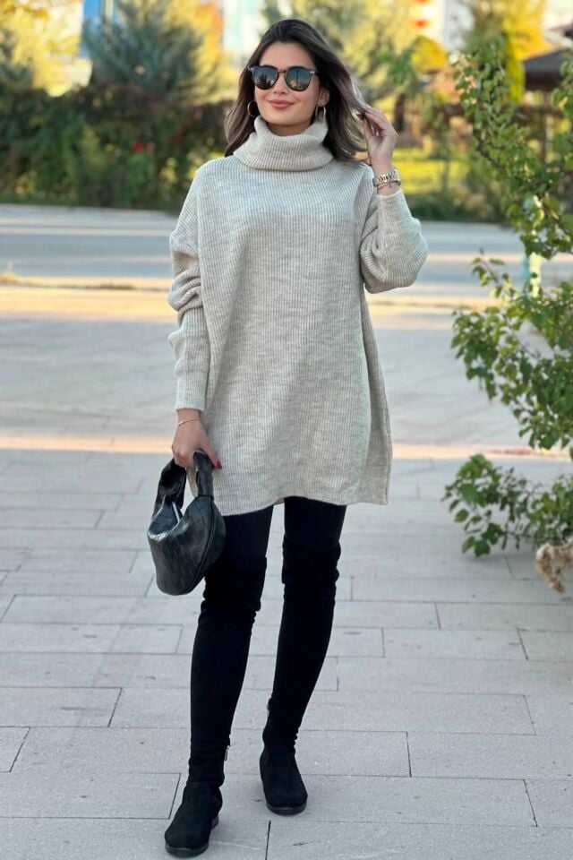 Balıkçı Yaka Oversıze Tunik Kazak Bej