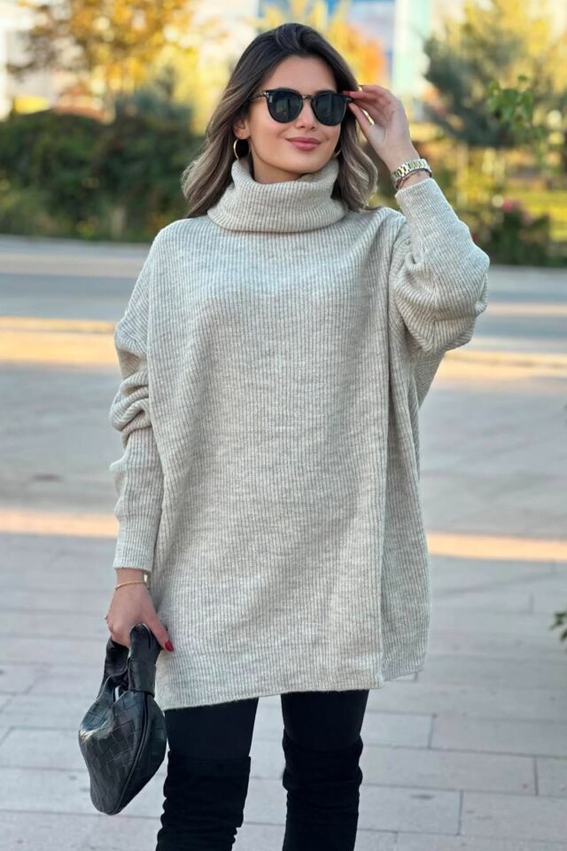 Balıkçı Yaka Oversıze Tunik Kazak Bej