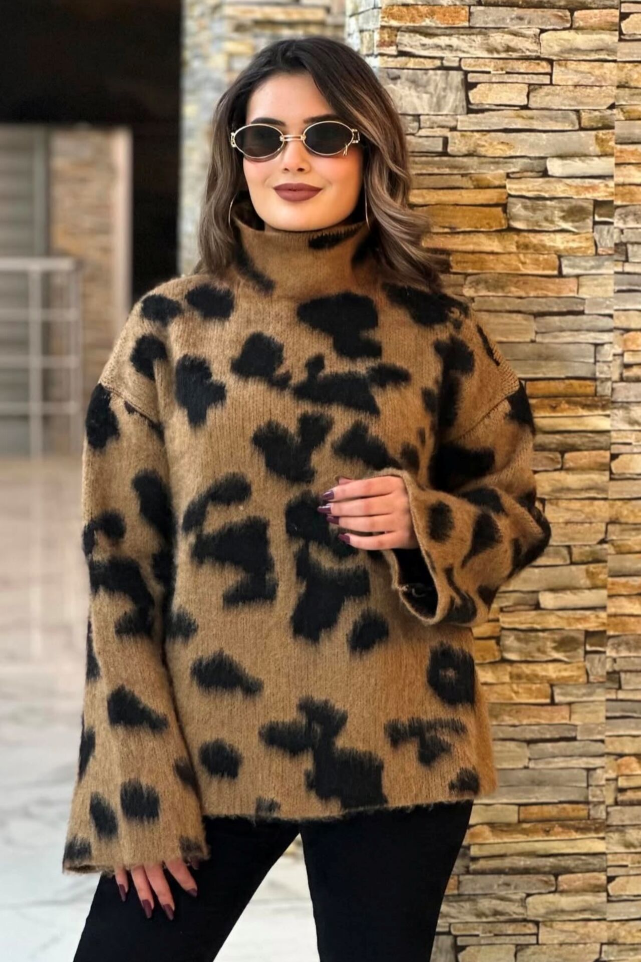 Leopar Benekli Dik Yaka Kazak Kahve