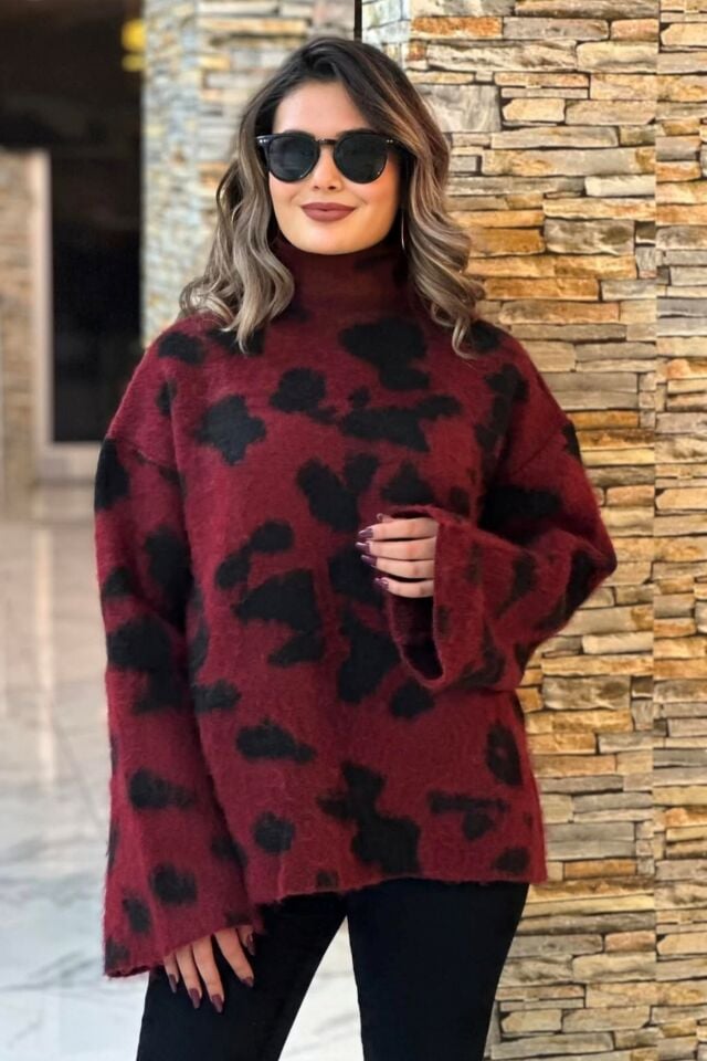 Leopar Benekli Dik Yaka Kazak Bordo