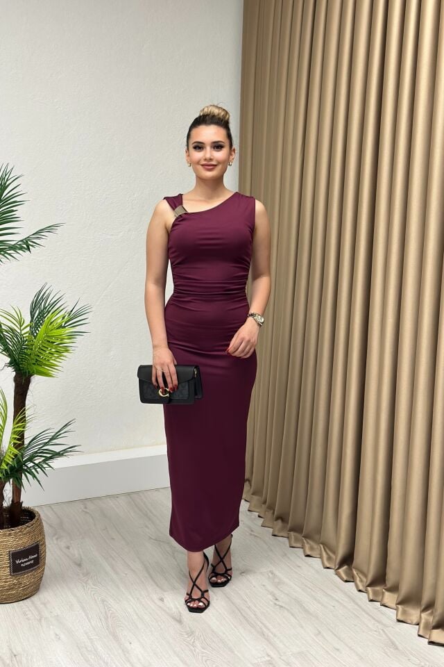Omuz Gold Tokalı Midi Elbise Mürdüm