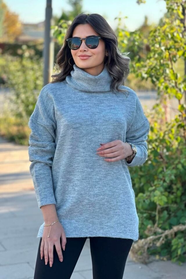 Balıkçı Yaka Yanları Yırtmaçlı Kazak Gri