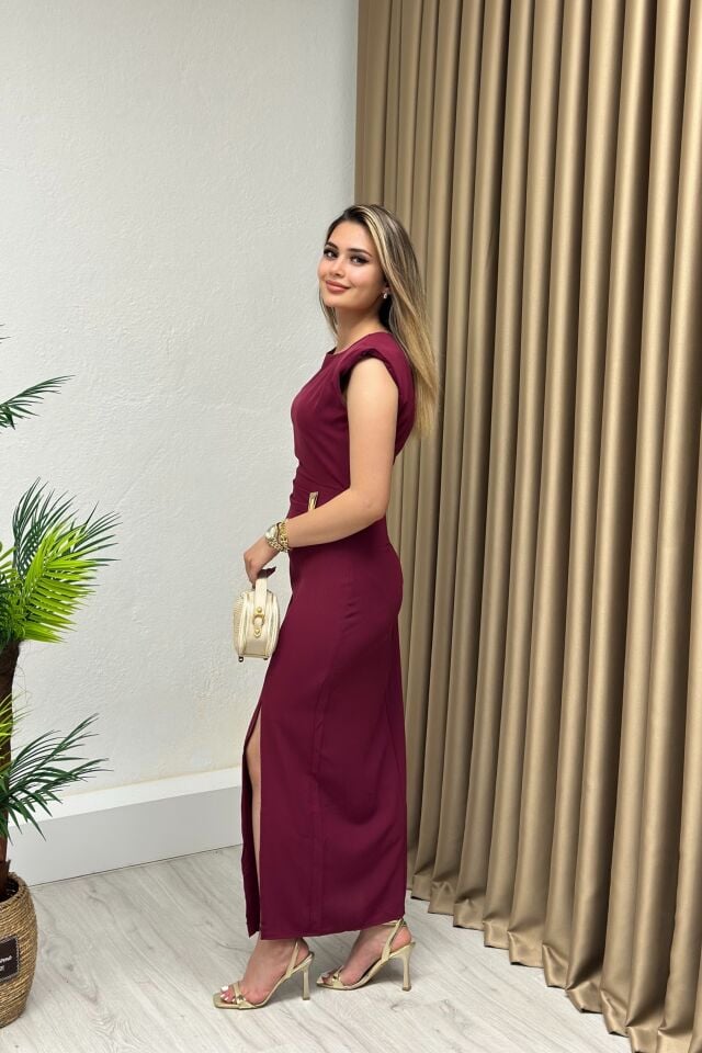 Gold Aksesuarlı Drapeli Vatkalı Kalem Elbise Mürdüm