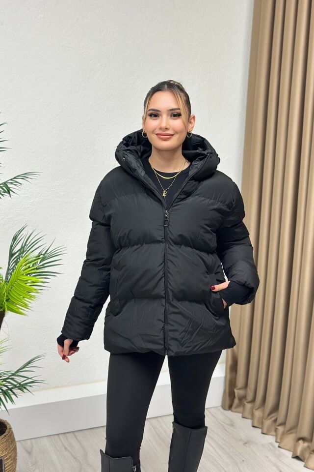 Premium Kapşonlu Şişme Mont Siyah