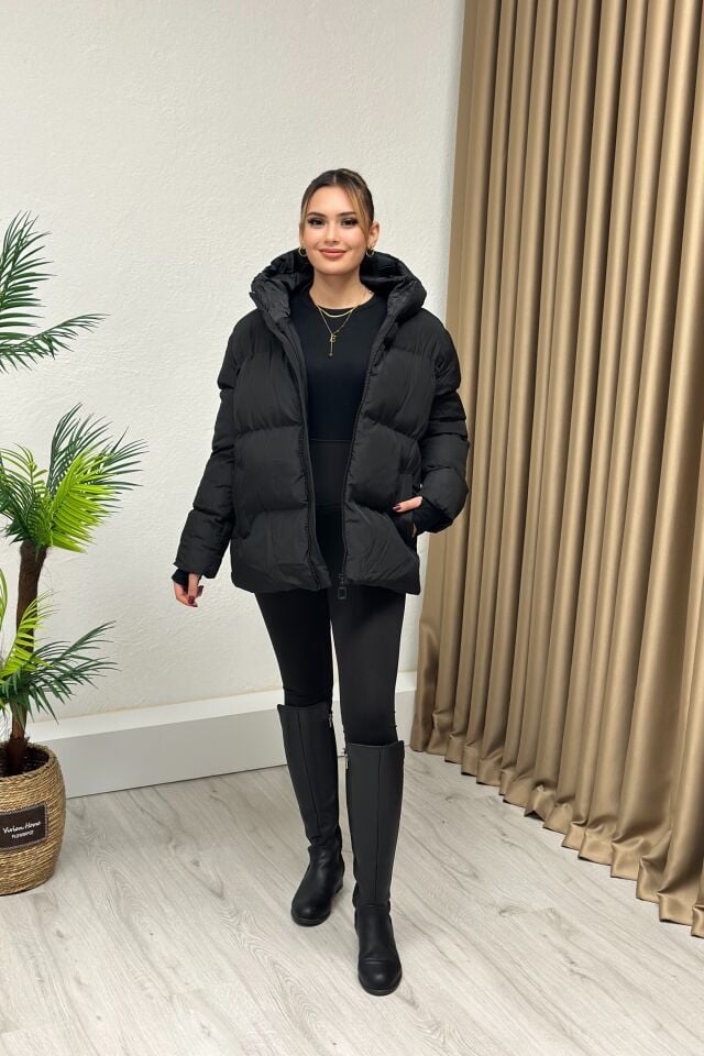 Premium Kapşonlu Şişme Mont Siyah