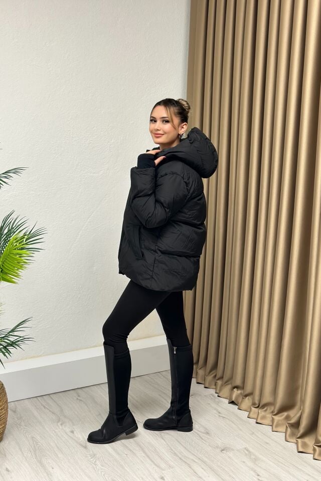 Premium Kapşonlu Şişme Mont Siyah