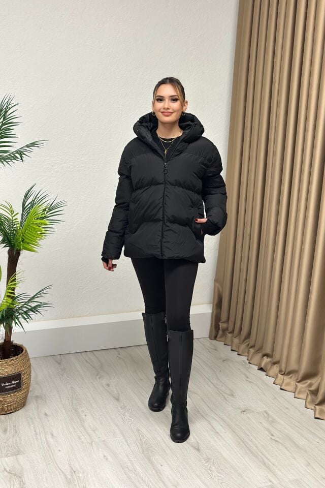 Premium Kapşonlu Şişme Mont Siyah
