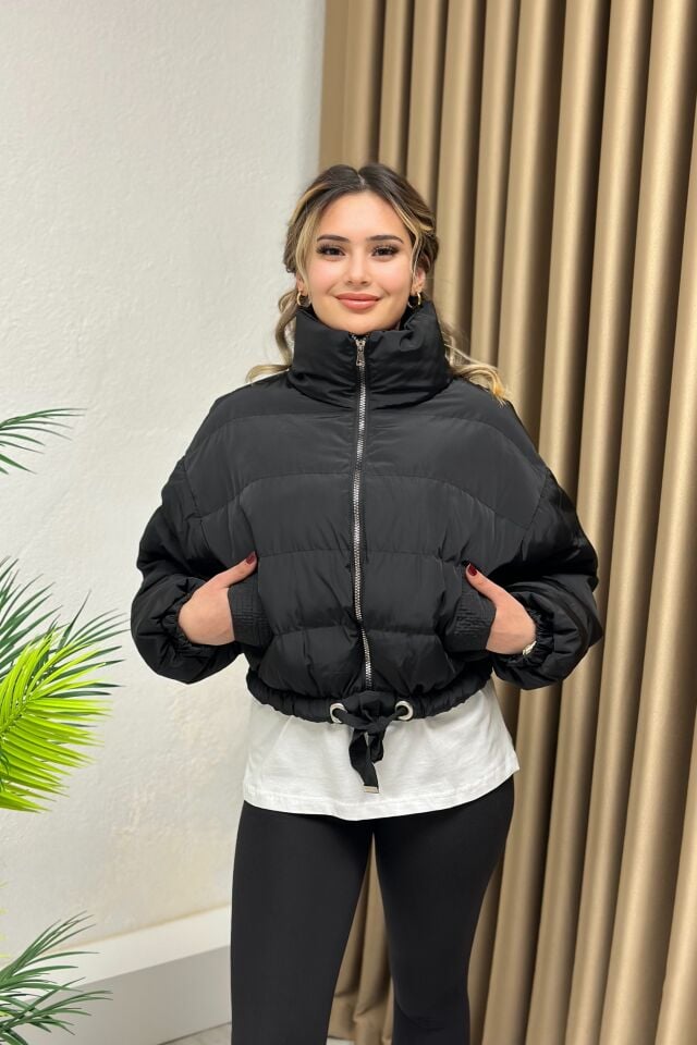 Dik Yaka Crop Şişme Mont Siyah
