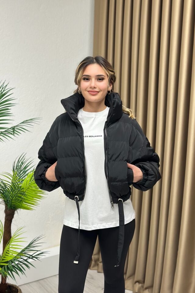 Dik Yaka Crop Şişme Mont Siyah