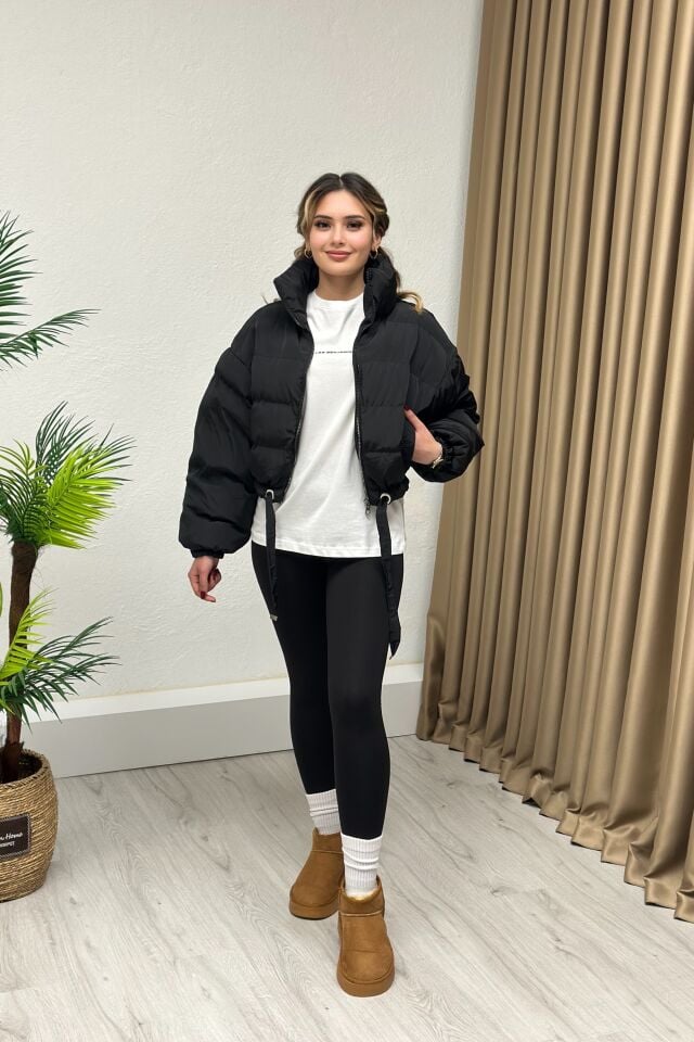 Dik Yaka Crop Şişme Mont Siyah