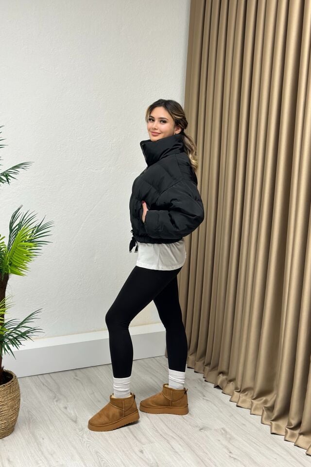 Dik Yaka Crop Şişme Mont Siyah