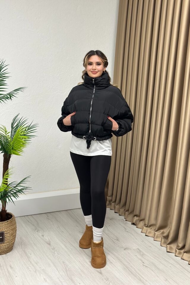Dik Yaka Crop Şişme Mont Siyah