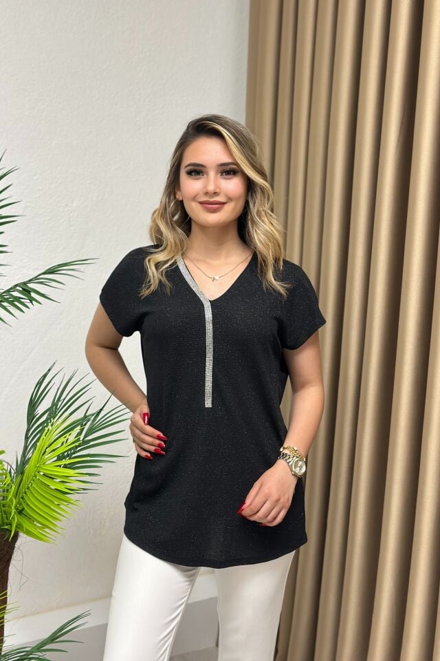 Simli Dokuma Sıralı Taş Detaylı Abiye Bluz