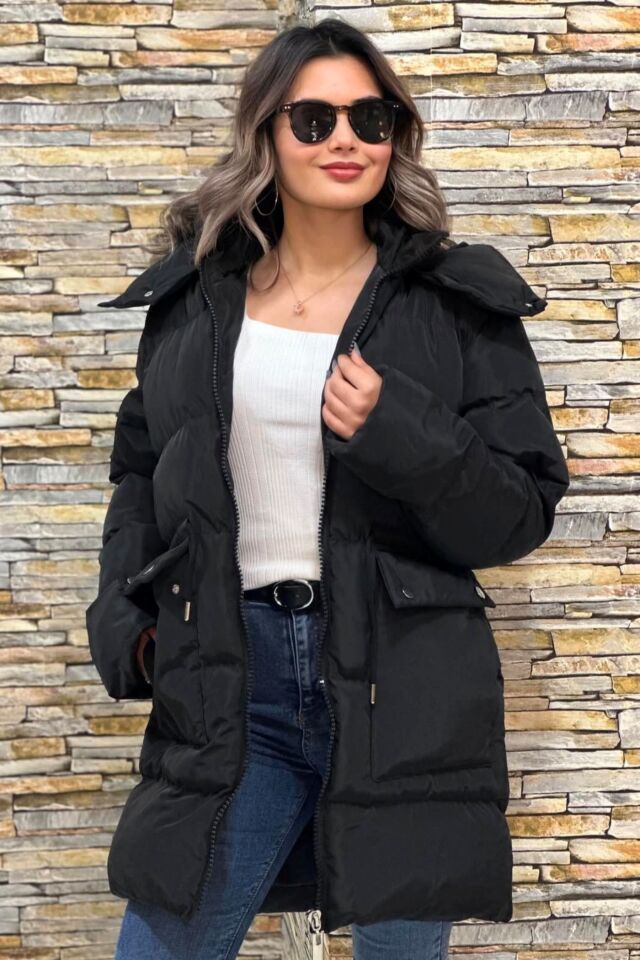 Kapşonlu Şişme Mont Siyah