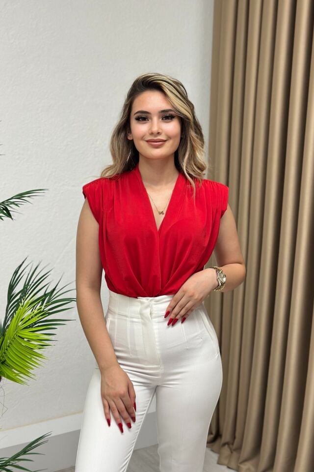 Kruvaze Yaka Vatkalı Bodysuit Kırmızı