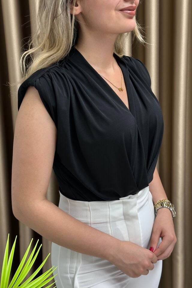 Kruvaze Yaka Vatkalı Bodysuit Siyah