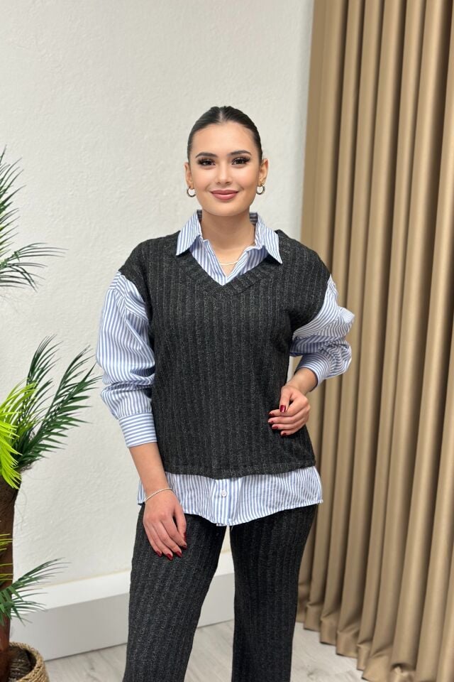 Gömlek Detaylı Fitilli Triko Takım