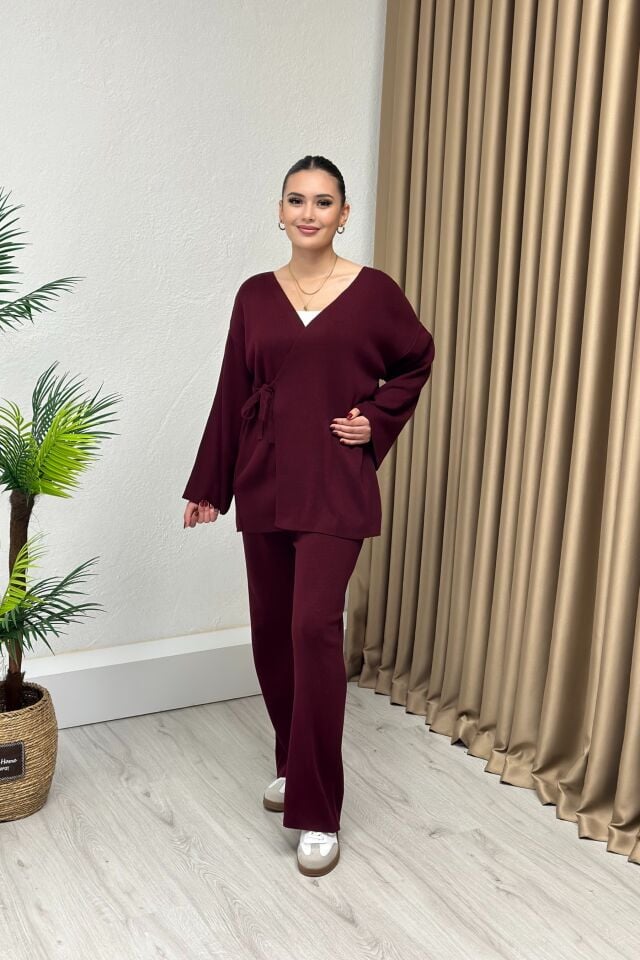 Kruvaze İkili Triko Takım Bordo