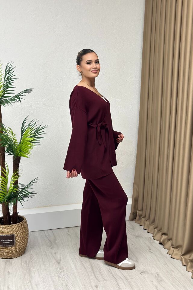 Kruvaze İkili Triko Takım Bordo