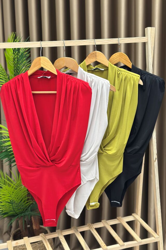 Kruvaze Yaka Vatkalı Bodysuit Yağ Yeşili
