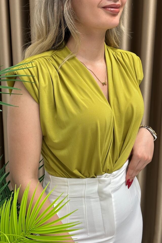 Kruvaze Yaka Vatkalı Bodysuit Yağ Yeşili