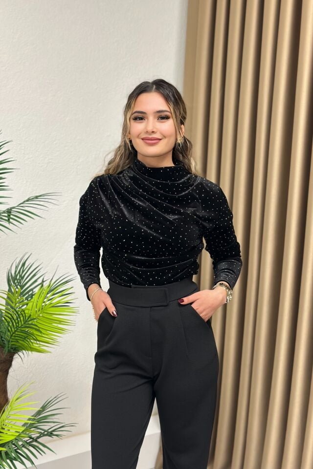 Kadife Işıltılı Drapeli Bluz Siyah