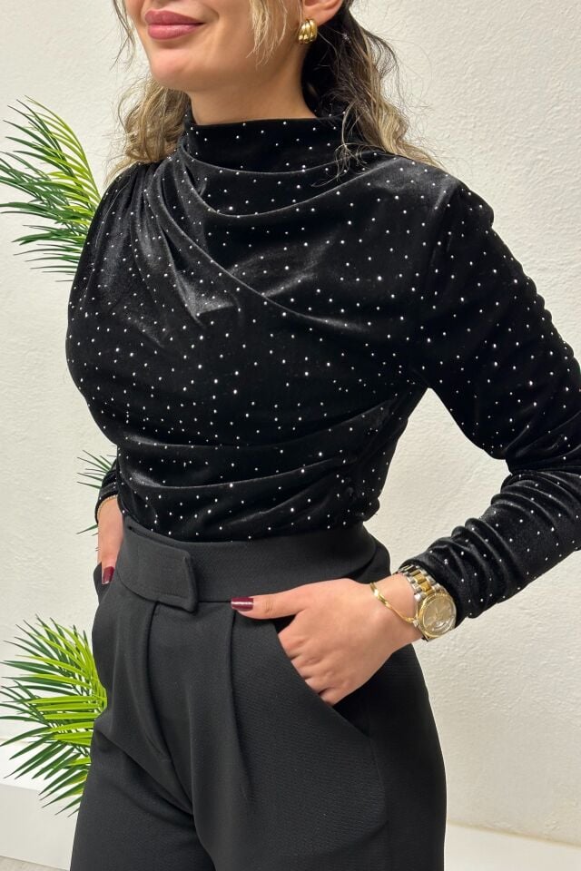 Kadife Işıltılı Drapeli Bluz Siyah