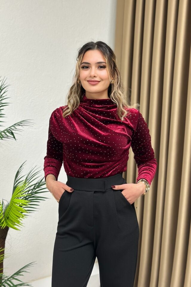 Kadife Işıltılı Drapeli Bluz Bordo