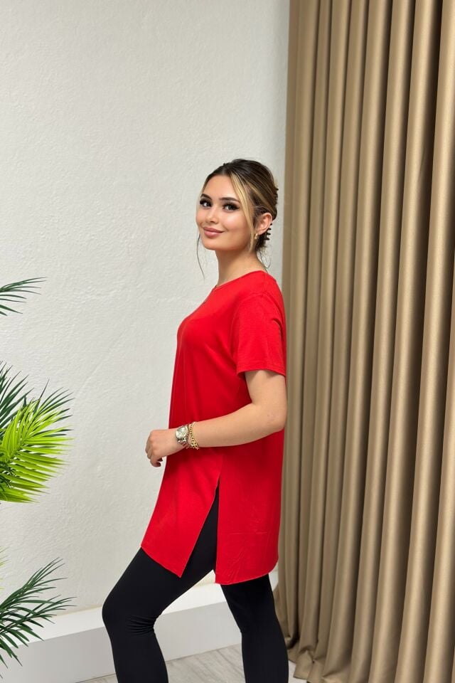 Bisiklet Yaka Yırtmaçlı Power Likra Viskon Kumaş T-Shirt Kırmızı
