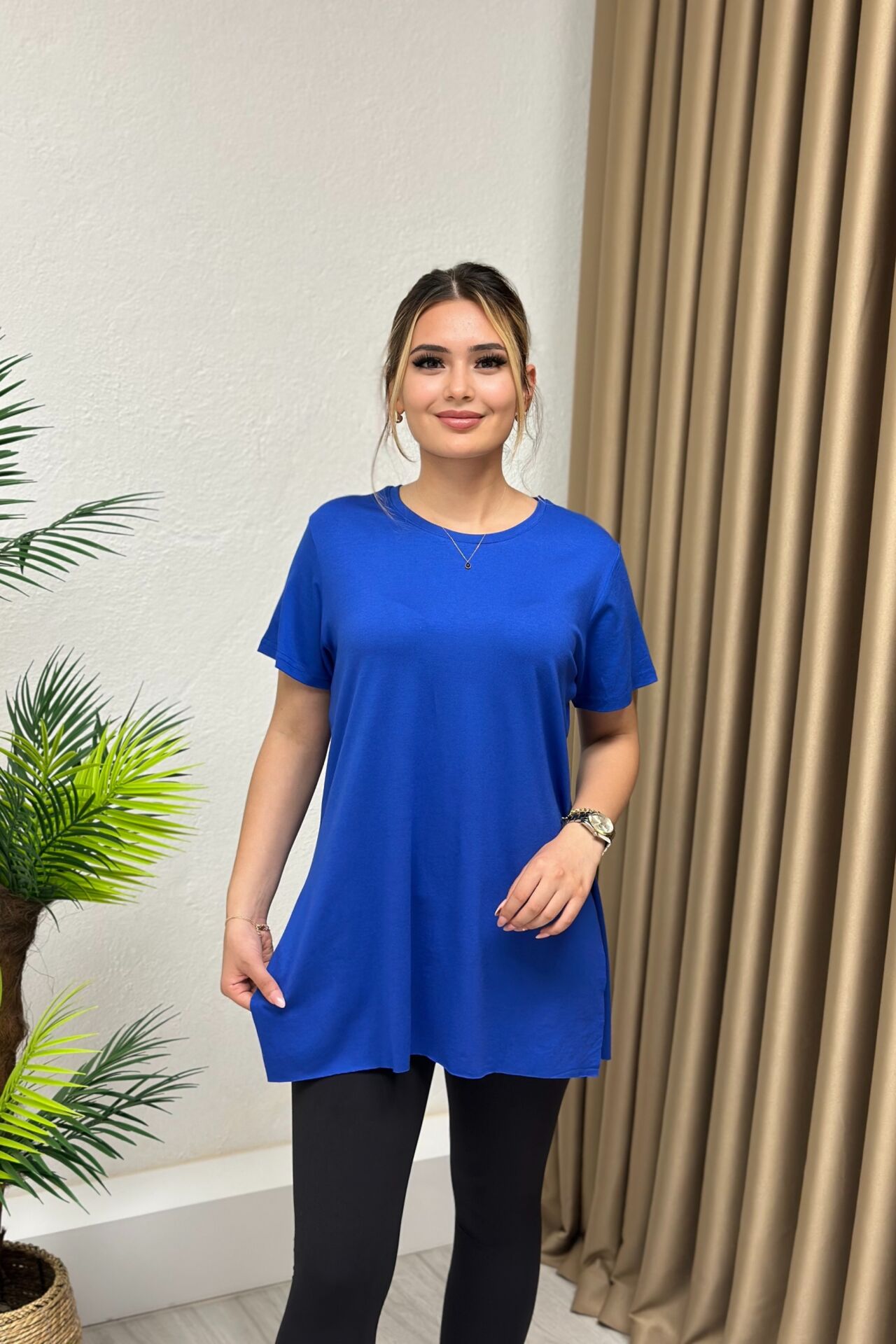 Bisiklet Yaka Yırtmaçlı Power Likra Viskon Kumaş T-Shirt Saks Mavi