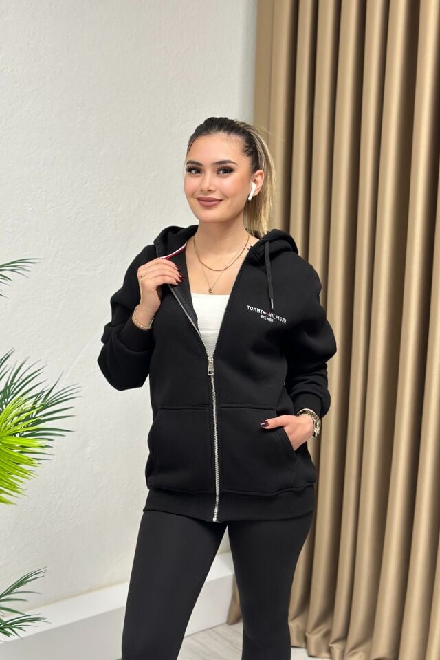 Orjinal Marka Kapşonlu Fermuarlı Sweatshirt Siyah
