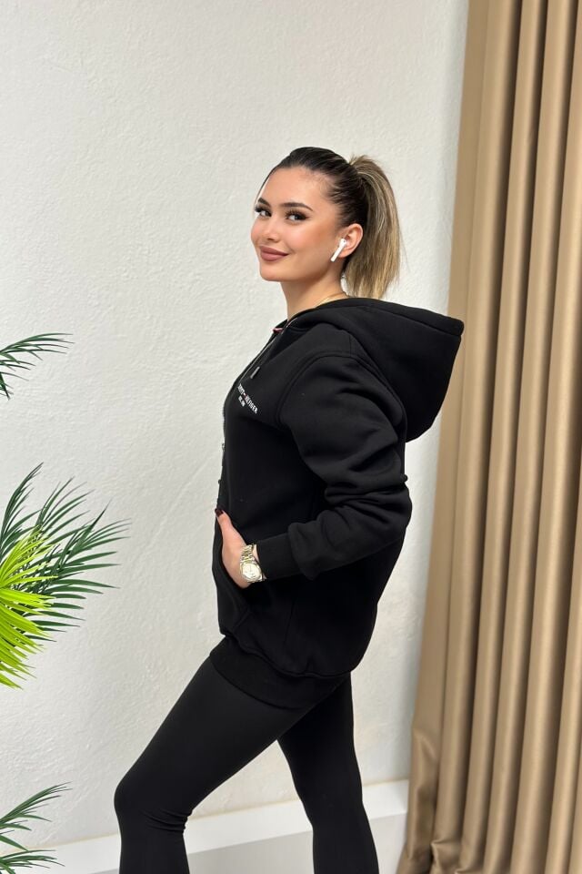 Orjinal Marka Kapşonlu Fermuarlı Sweatshirt Siyah