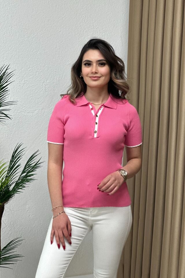 Premium Polo Yaka İnce Triko Düğmeli Bluz Pembe