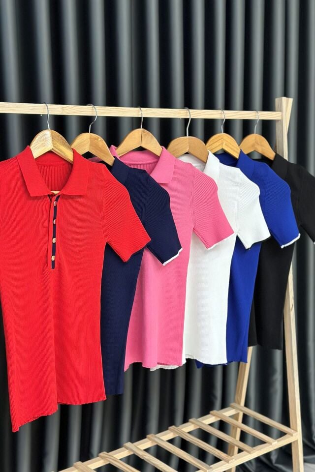 Premium Polo Yaka İnce Triko Düğmeli Bluz Saks Mavi