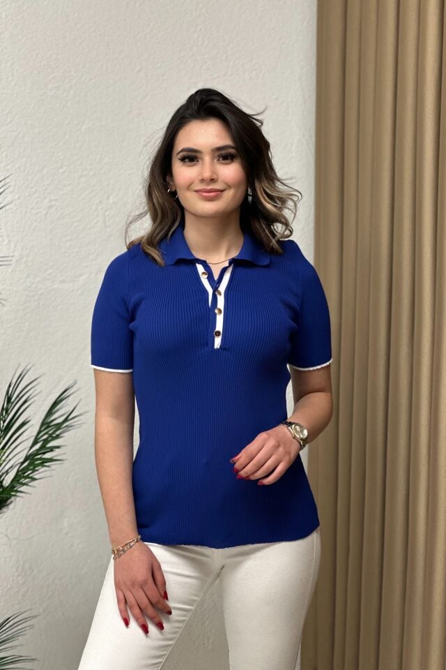 Premium Polo Yaka İnce Triko Düğmeli Bluz Saks Mavi