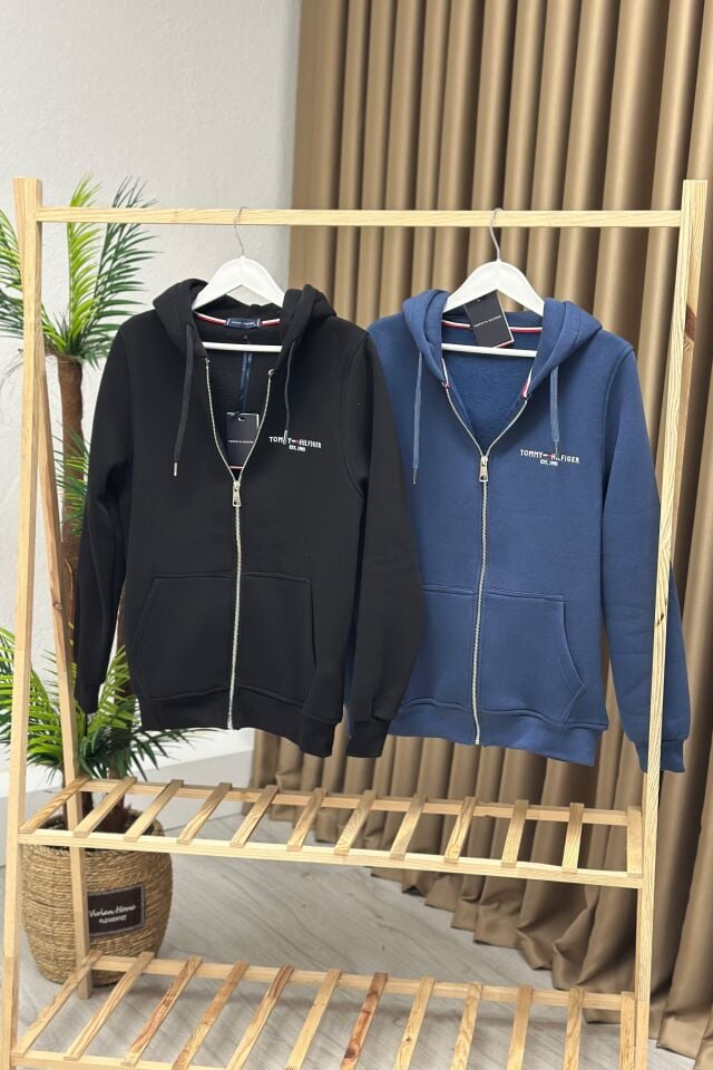 Orjinal Marka Kapşonlu Fermuarlı Sweatshirt İndigo Mavi