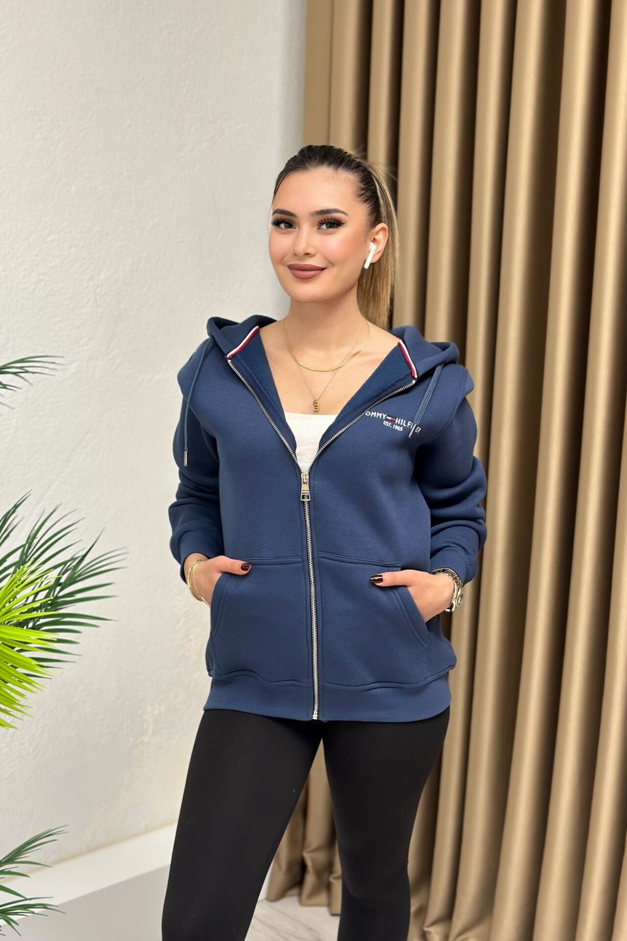 Orjinal Marka Kapşonlu Fermuarlı Sweatshirt İndigo Mavi