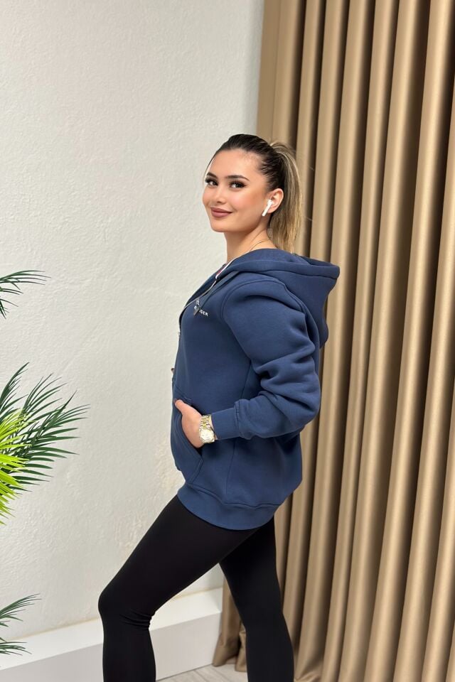 Orjinal Marka Kapşonlu Fermuarlı Sweatshirt İndigo Mavi