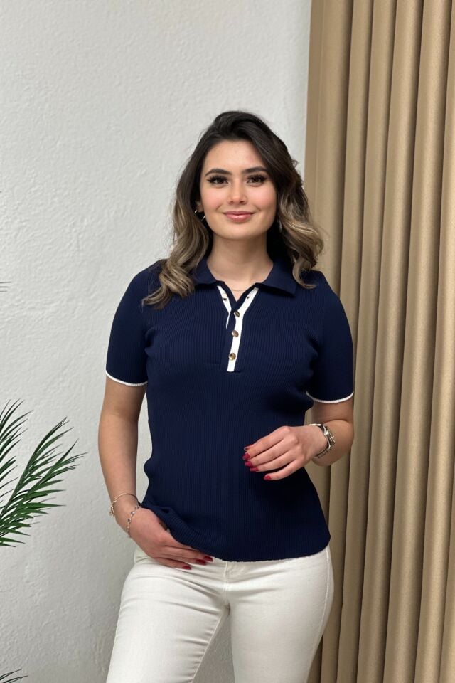 Premium Polo Yaka İnce Triko Düğmeli Bluz Lacivert