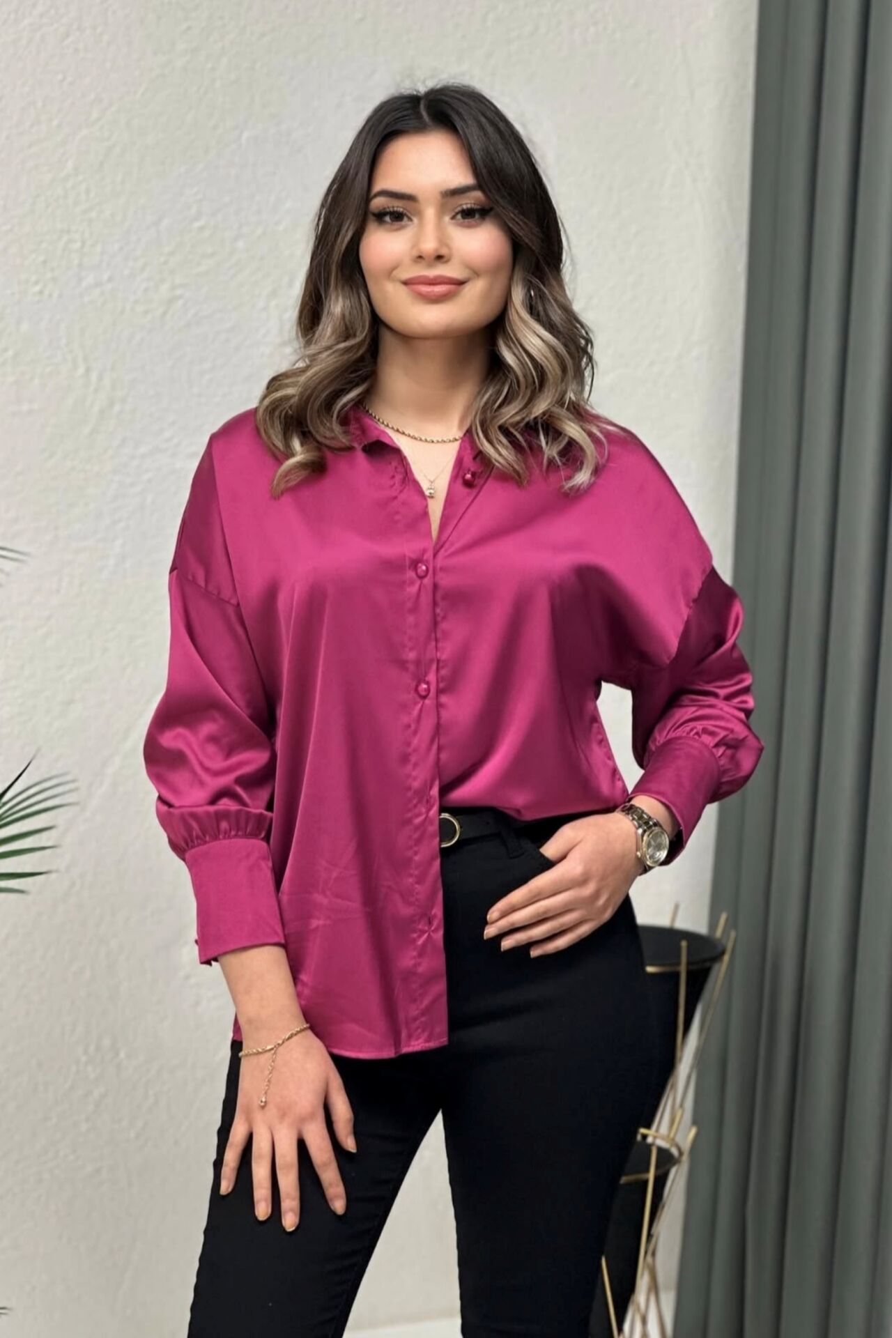 Premium Saten Gömlek Fuşya