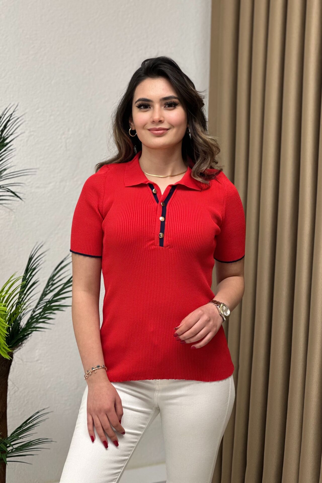 Premium Polo Yaka İnce Triko Düğmeli Bluz Kırmızı