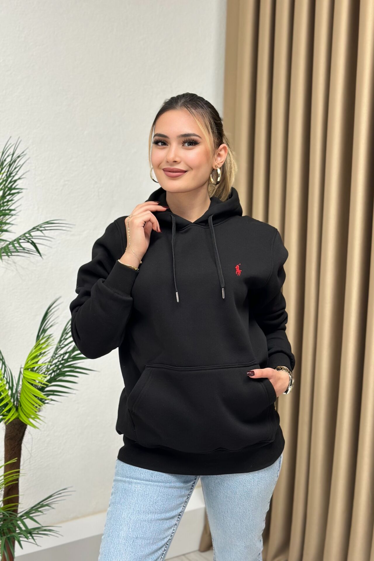 Orjinal Marka Kapşonlu Unisex Sweatshirt Siyah