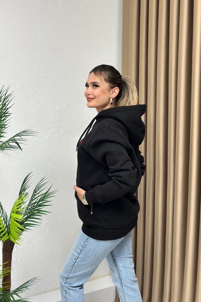 Orjinal Marka Kapşonlu Unisex Sweatshirt Siyah