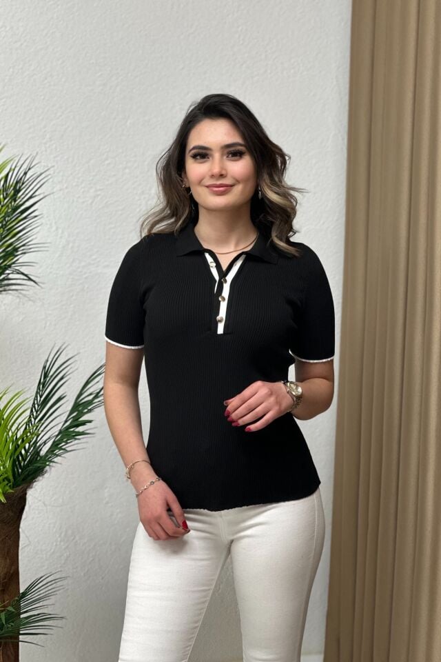Premium Polo Yaka İnce Triko Düğmeli Bluz Siyah