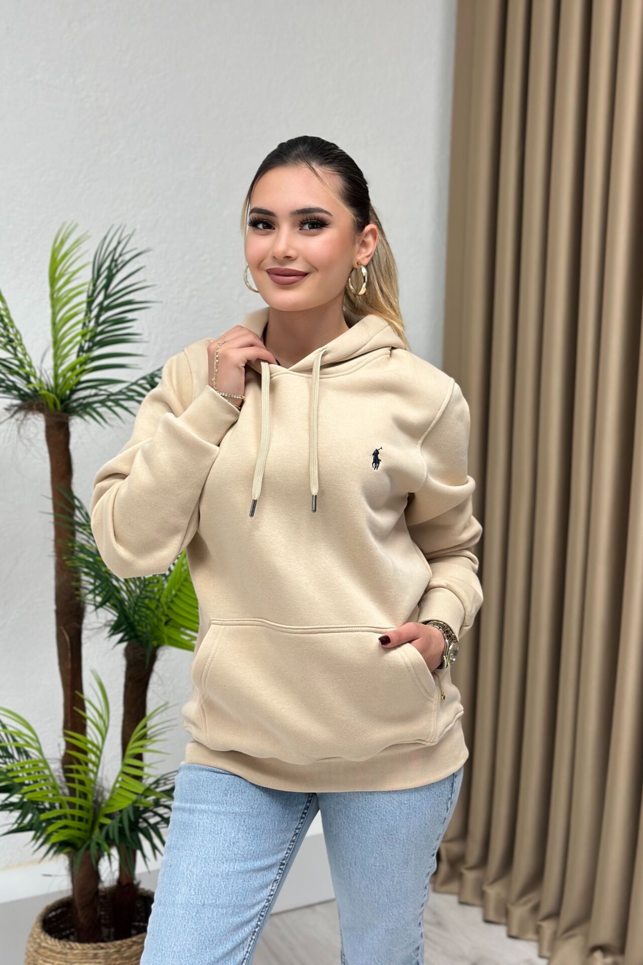 Orjinal Marka Kapşonlu Unisex Sweatshirt Bej