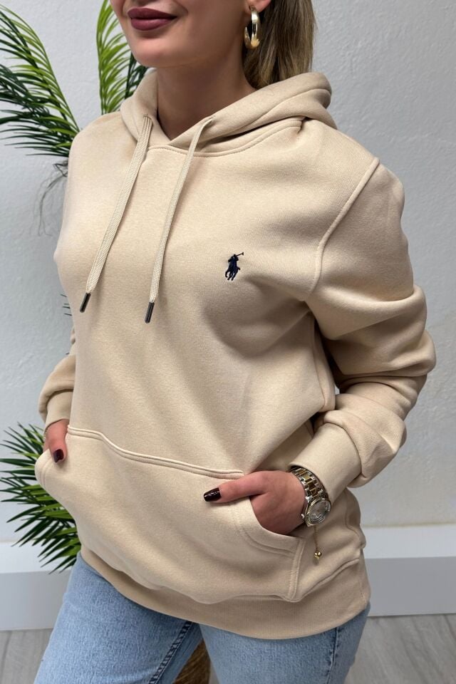 Orjinal Marka Kapşonlu Unisex Sweatshirt Bej