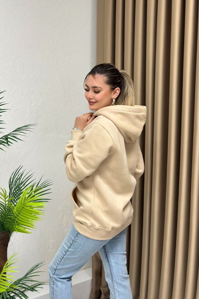 Orjinal Marka Kapşonlu Unisex Sweatshirt Bej